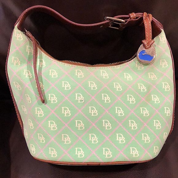 DOONEY & BOURKE Mint Green Bag w/ Pink White DB Monogram Brown Leather Handle - Picture 14 of 14